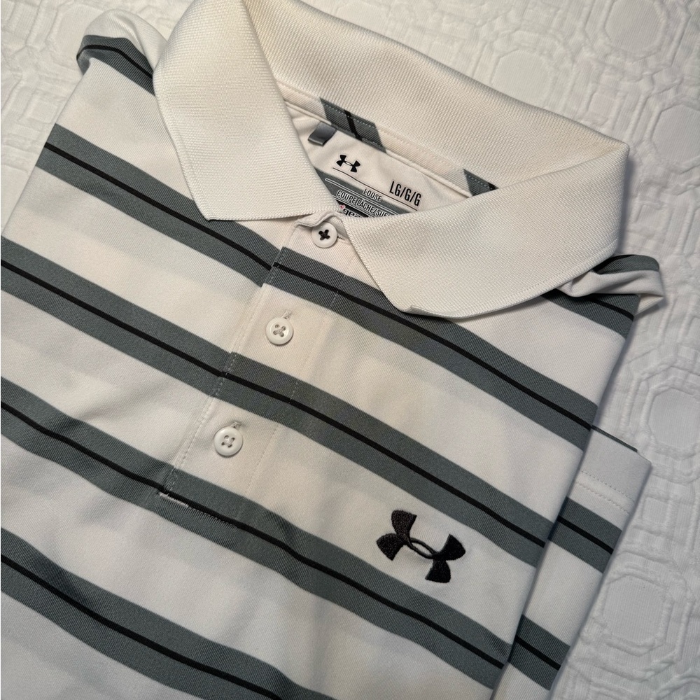 Under Armour Men's Polo Shirt - White and Gray Stripes